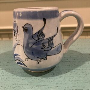 Vintage Tonala Mexican Two Blue Ceramic Bird Mugs